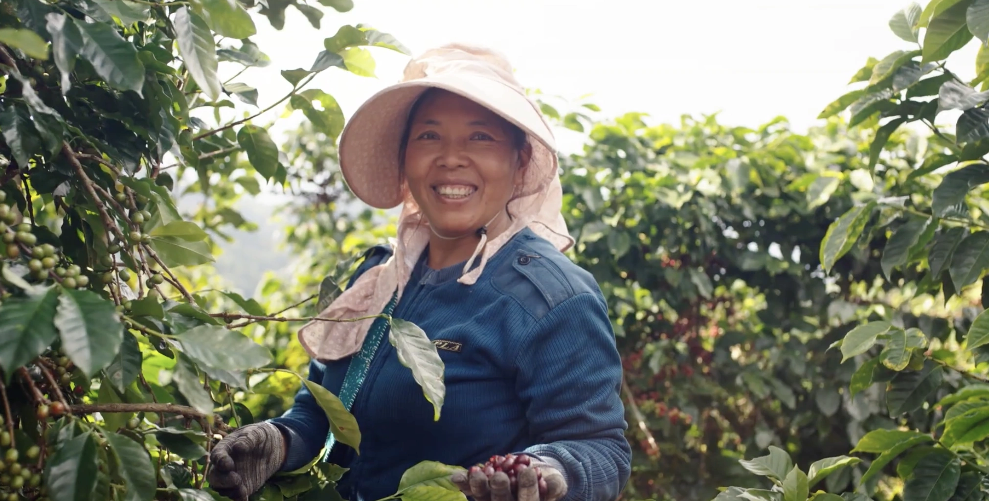 A coffee farmer smiles among the trees in Yunnan