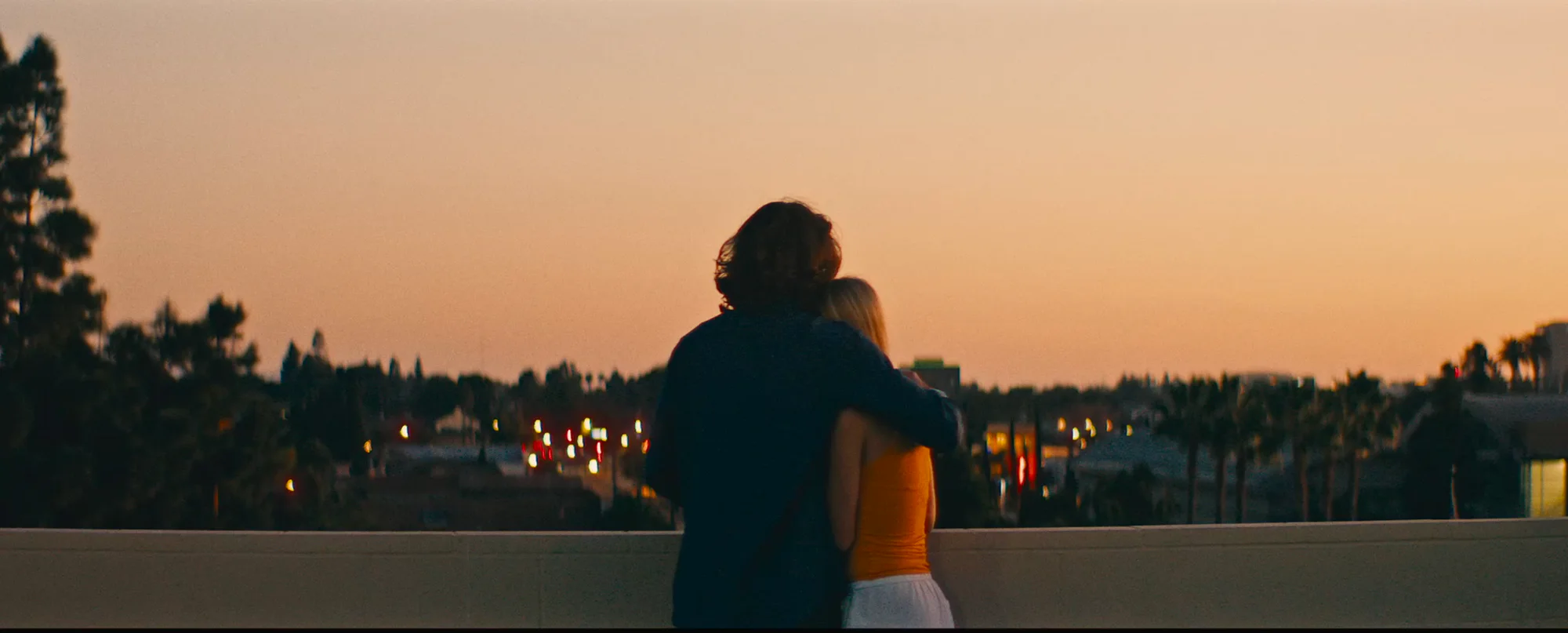 A couple embracing against the evening skyline