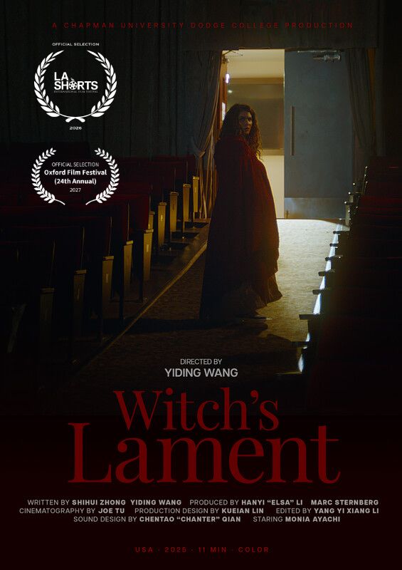 Official Witch's Lament poster featuring the central woman in a backlit theatre aisle and festival selection laurels